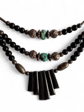 Boho Silver, Black & Turquoise Layered Bead Necklace
